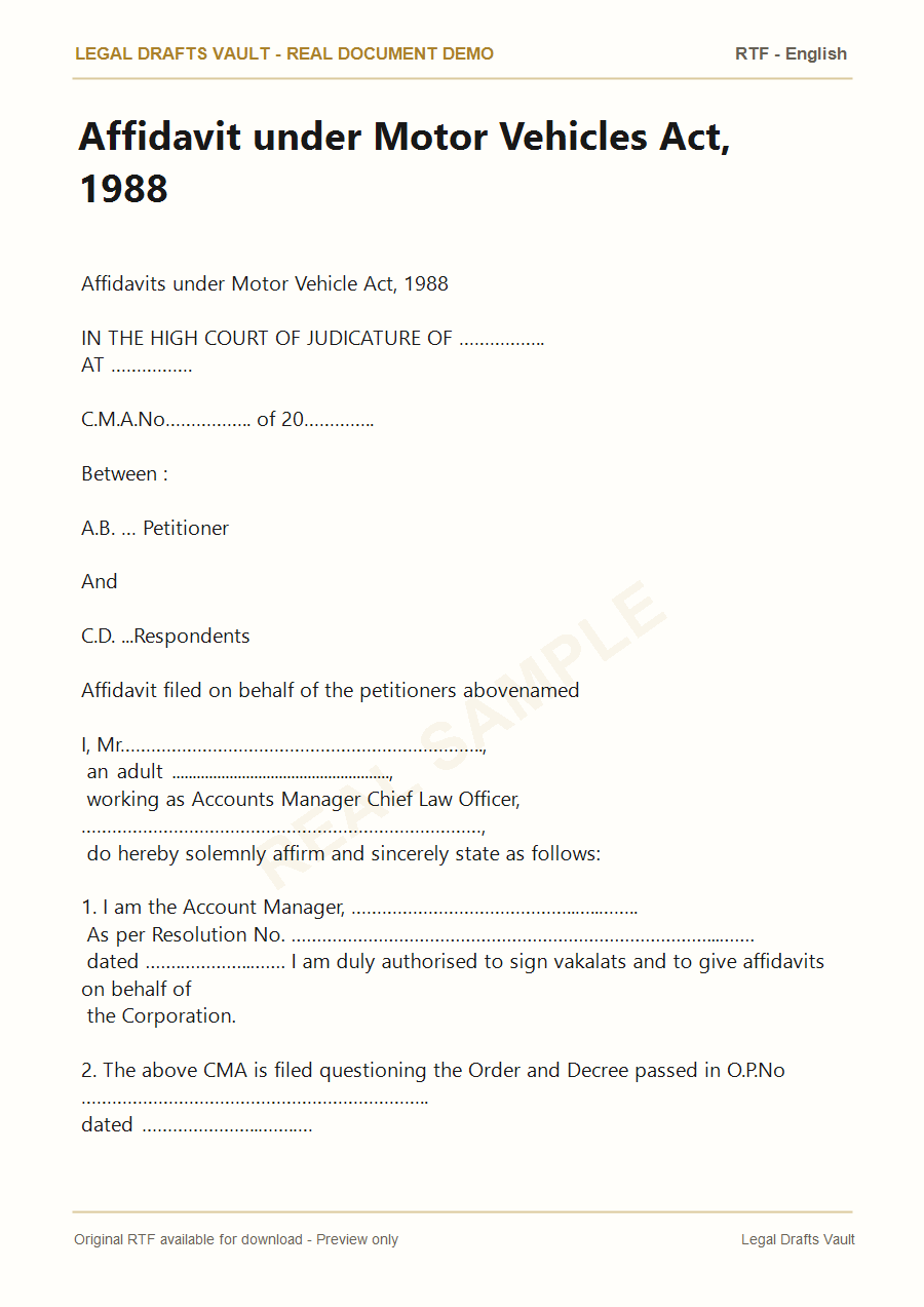 Affidavit under Motor Vehicles Act 1988 document preview