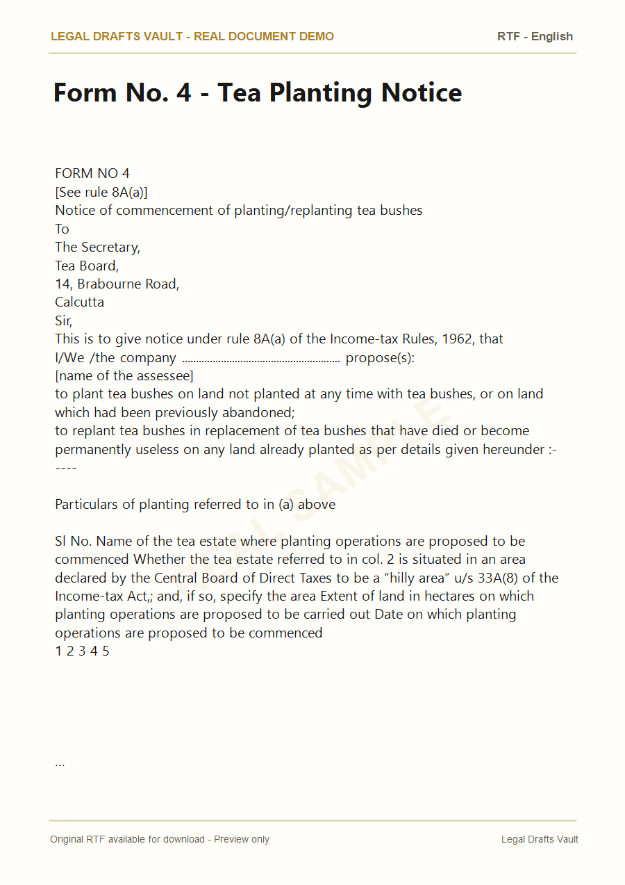 Form No. 4 tea planting notice document preview