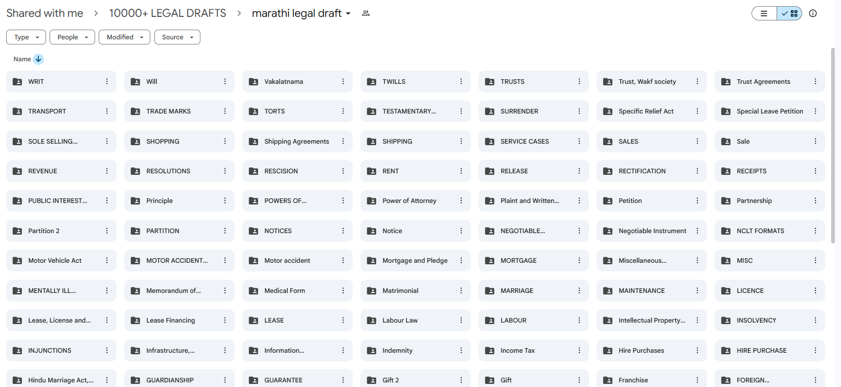 Marathi legal draft categories including wills, trusts, notices and petitions