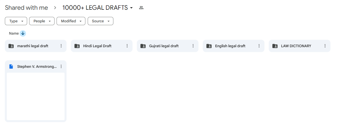 Google Drive overview with Marathi, Hindi, Gujarati, English and Law Dictionary folders